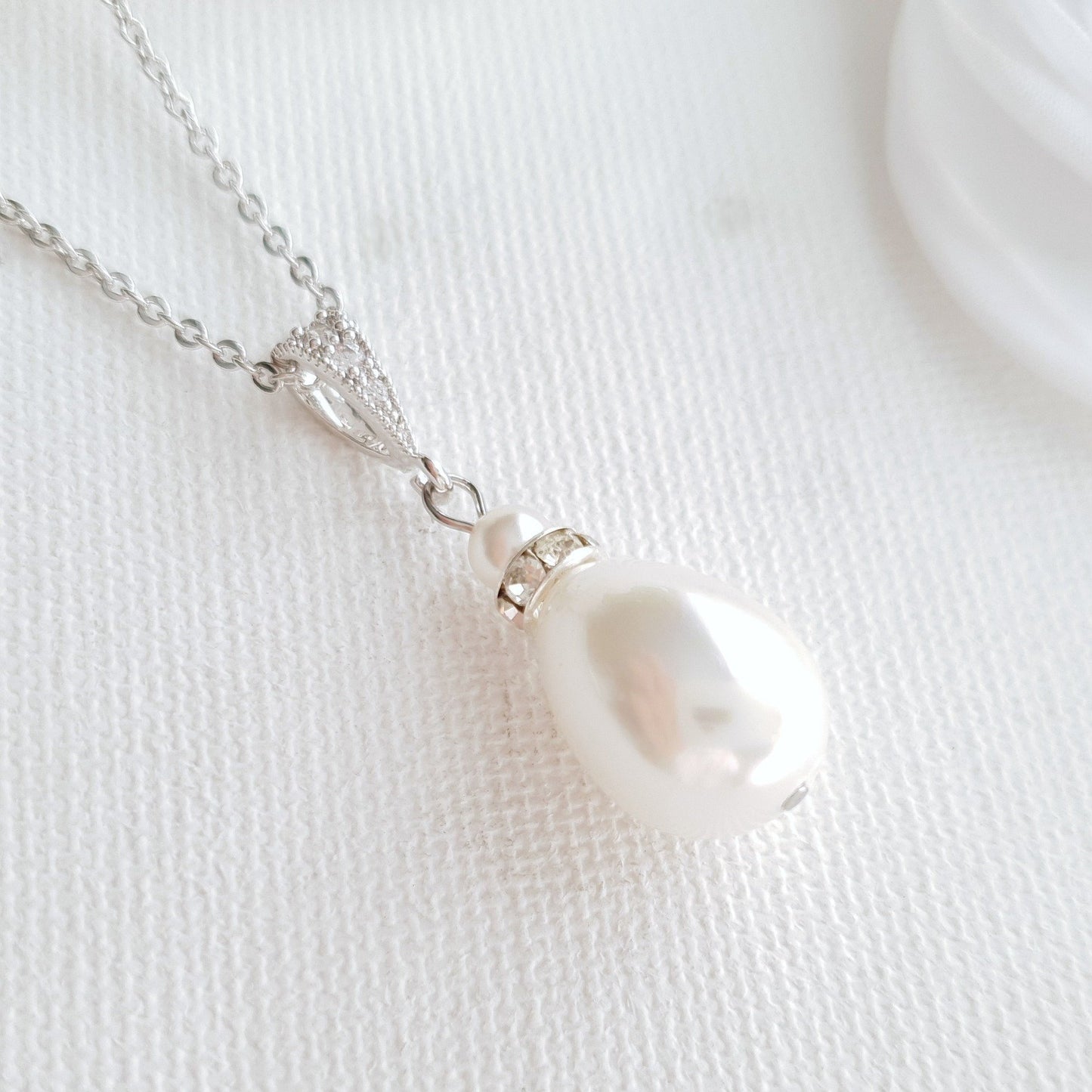 Silver teardrop pearl necklace for brides and bridesmaids- Poetry Designs