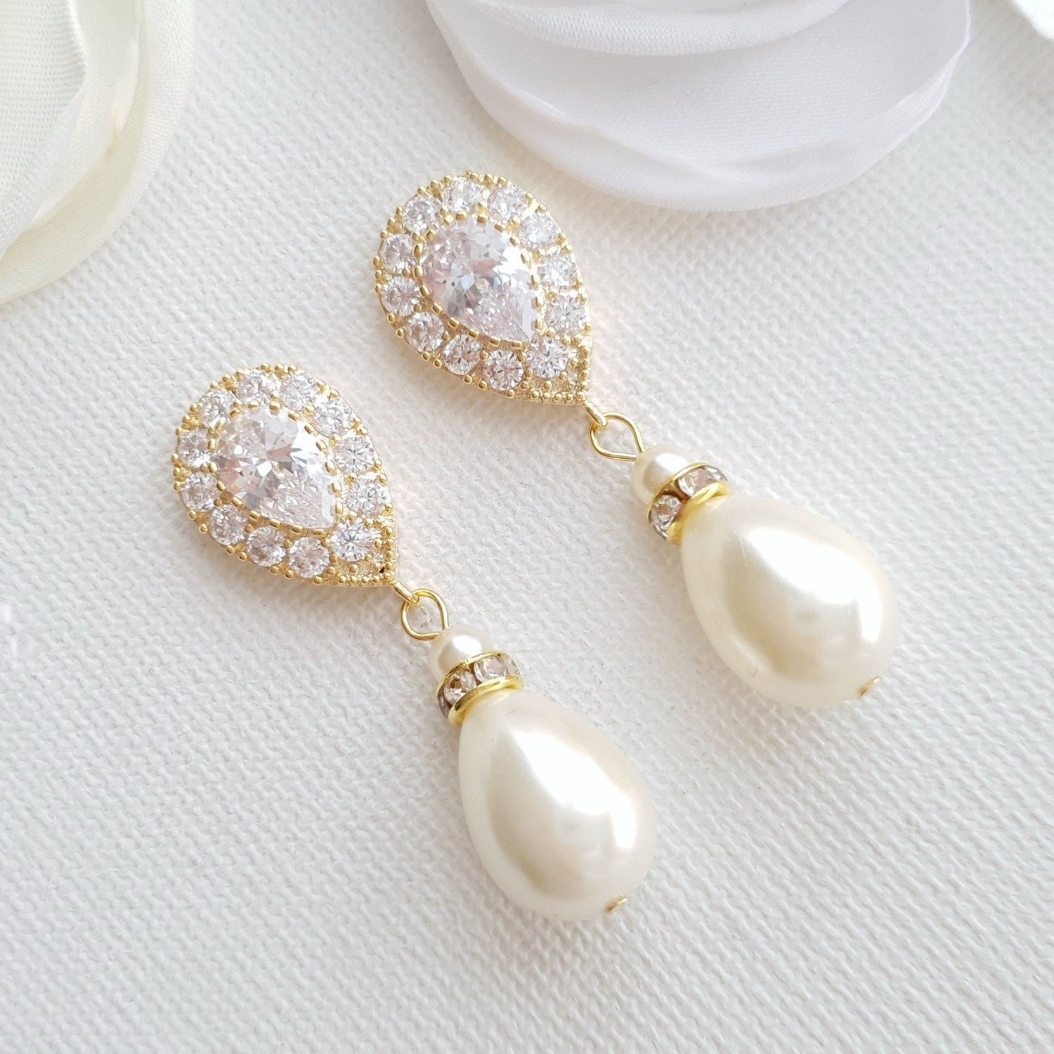 Rose Gold Pearl Drop Earrings-Penelope - PoetryDesigns