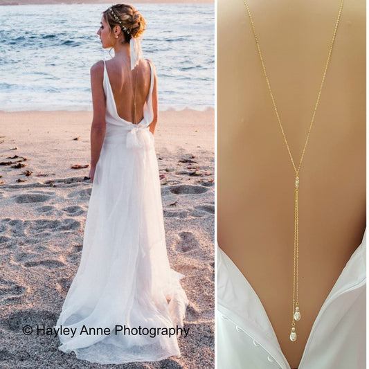 Gold Back Necklace With Chain & Pearl Drops-June - PoetryDesigns