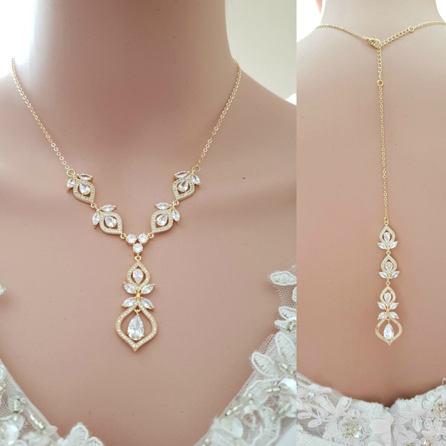 Crystal Gold Wedding Necklace & Back Jewelry-Meghan - PoetryDesigns