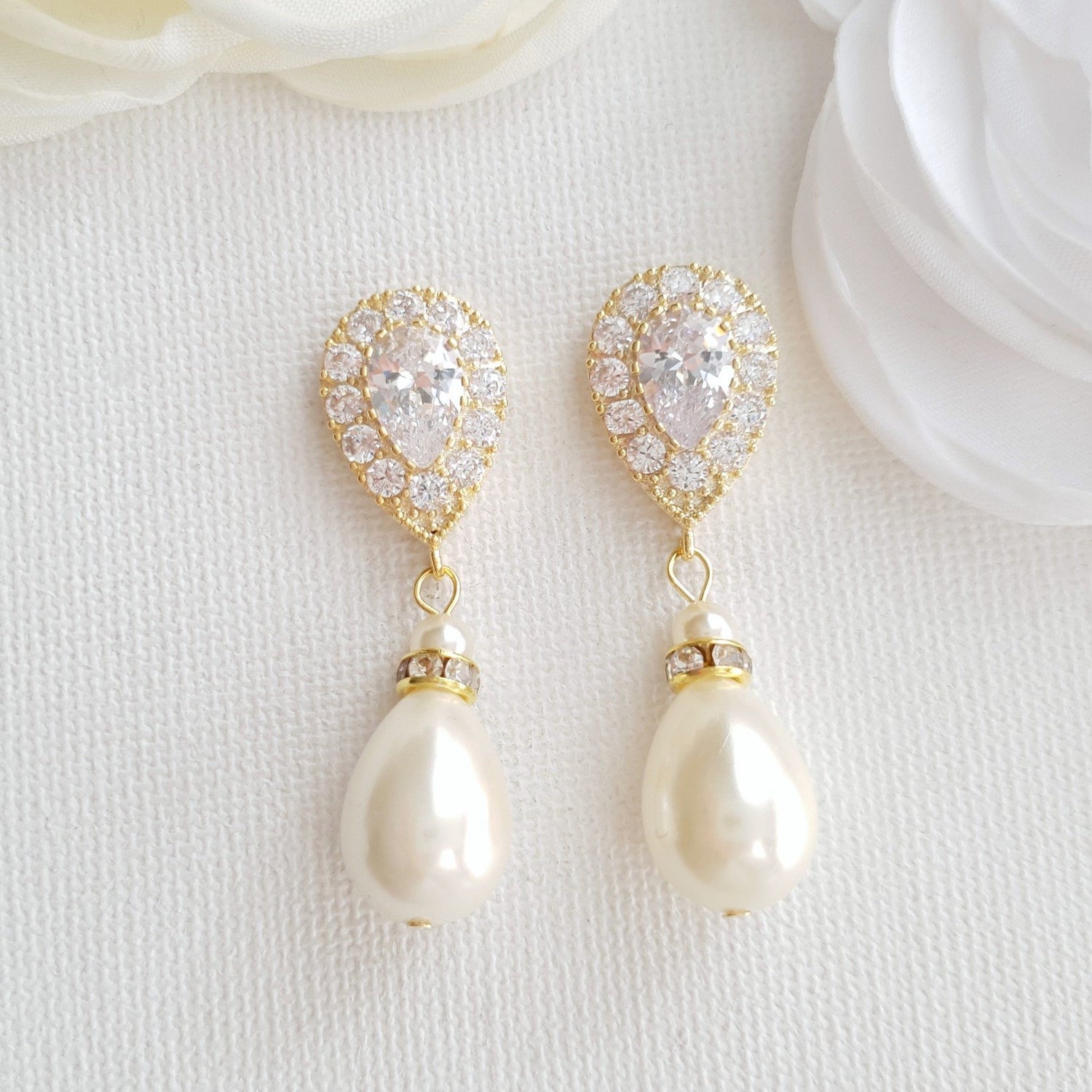 Rose Gold Pearl Drop Earrings-Penelope - PoetryDesigns