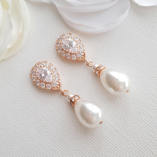 Rose Gold Pearl Drop Earrings-Penelope - PoetryDesigns