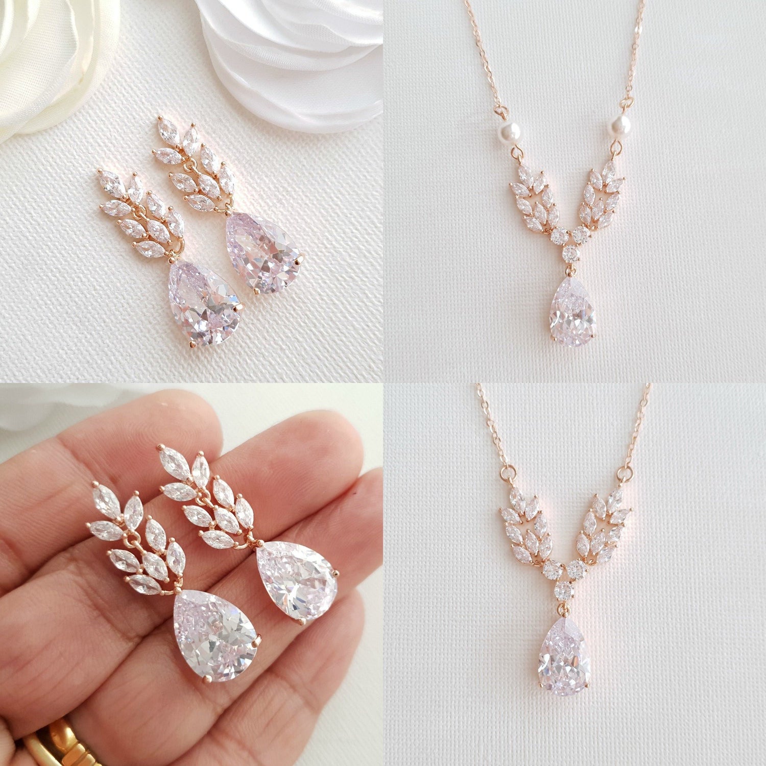 Rose Gold Leaf Necklace Earrings Wedding Set- Willow - PoetryDesigns