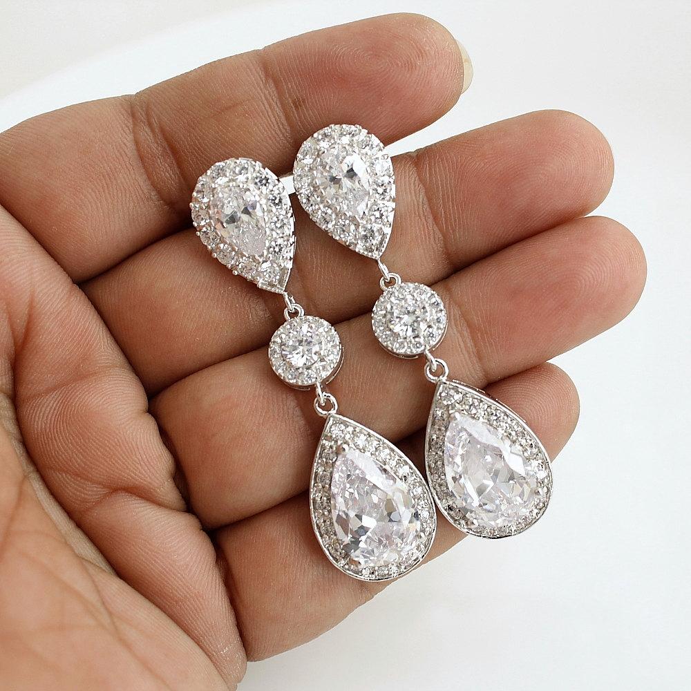 Big Wedding Earrings with Large CZ Teardrops-Penelope - PoetryDesigns