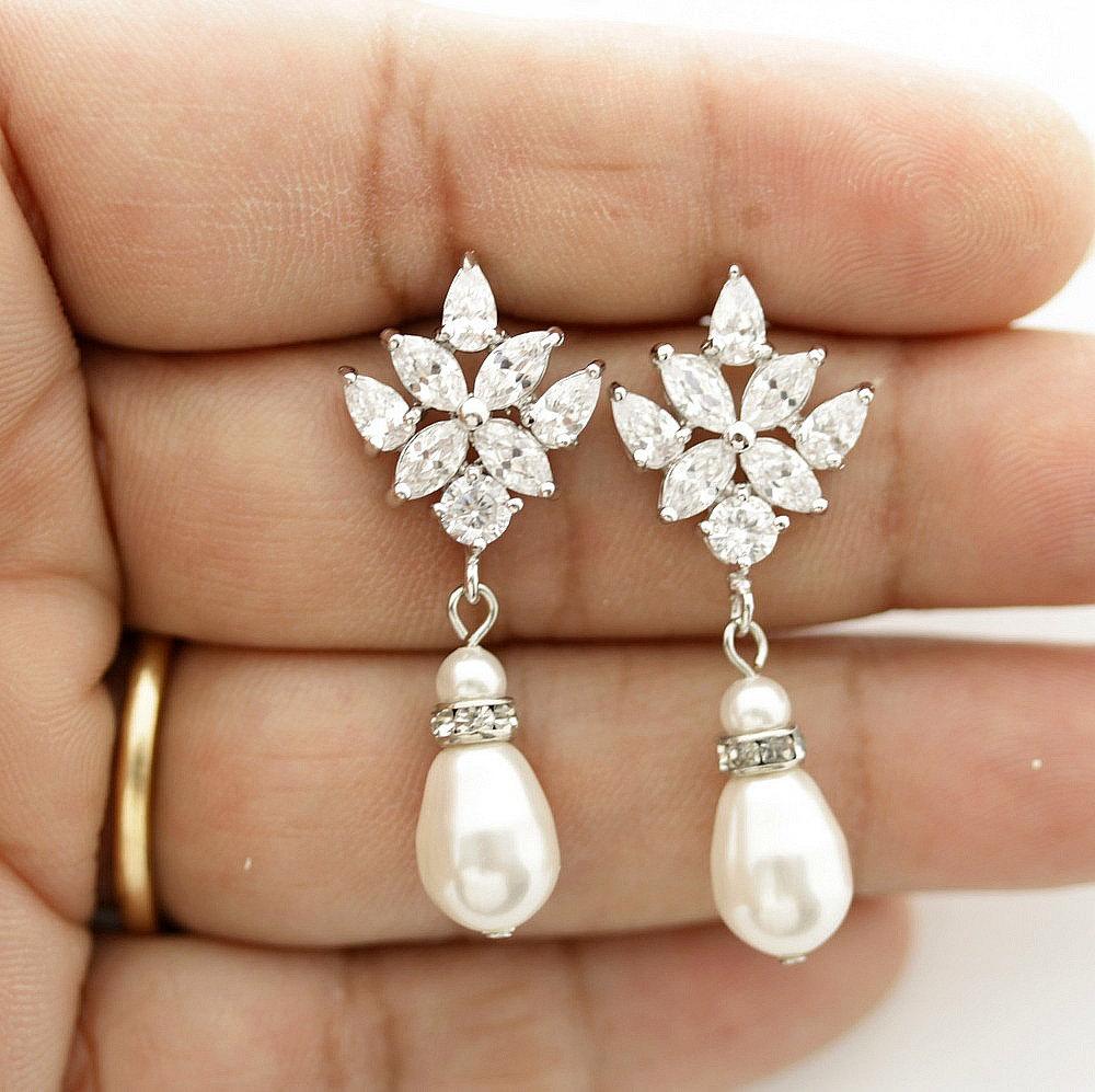 Crystal Bridal Earrings with Pearl Drop- Rosa - PoetryDesigns