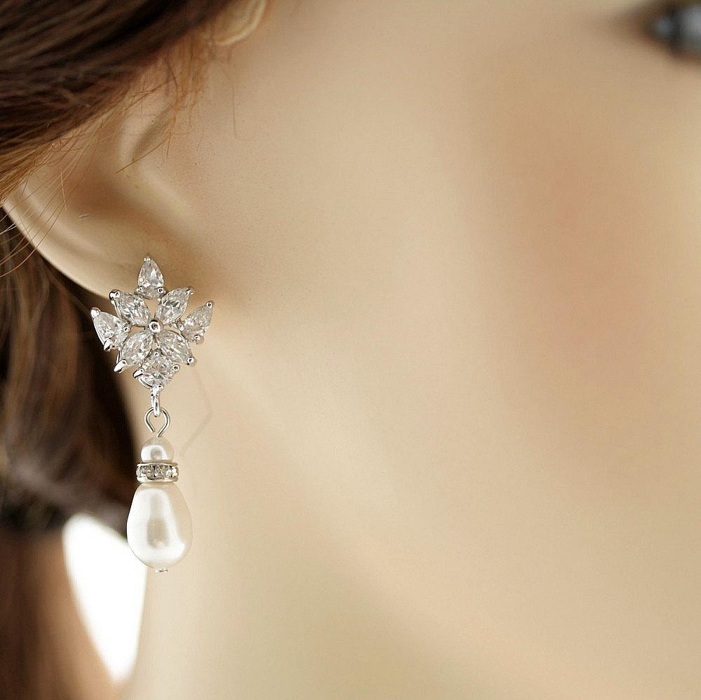 Crystal Bridal Earrings with Pearl Drop- Rosa - PoetryDesigns