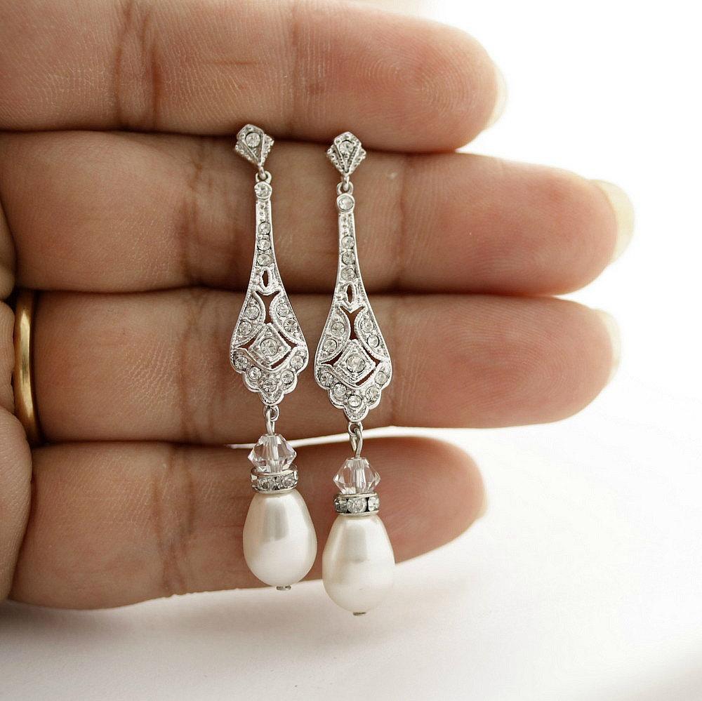 Vintage Silver Drop Earrings with Pearls for Wedding- Poetry Designs
