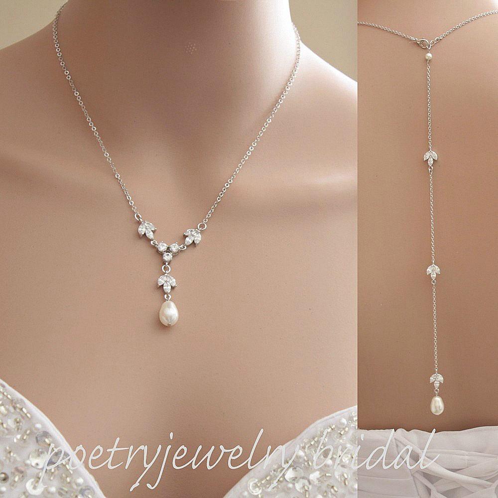 Back Drop Bridal Necklace, Pearl Crystal Wedding Necklace, Wedding Backdrop Necklace, Simple Back Necklace, Wedding Jewelry, Leila - PoetryDesigns