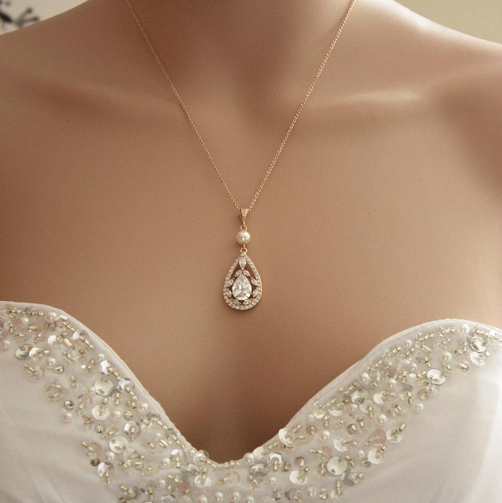 Teardrop Pendant Necklace for Wedding in Rose Gold & Pearl-Esther