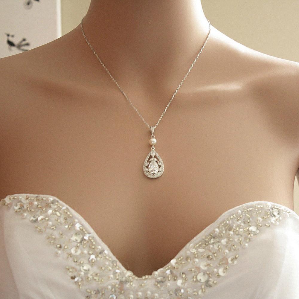 Bridal Pendant Necklace with Teardrop CZ Crystals-Esther - PoetryDesigns