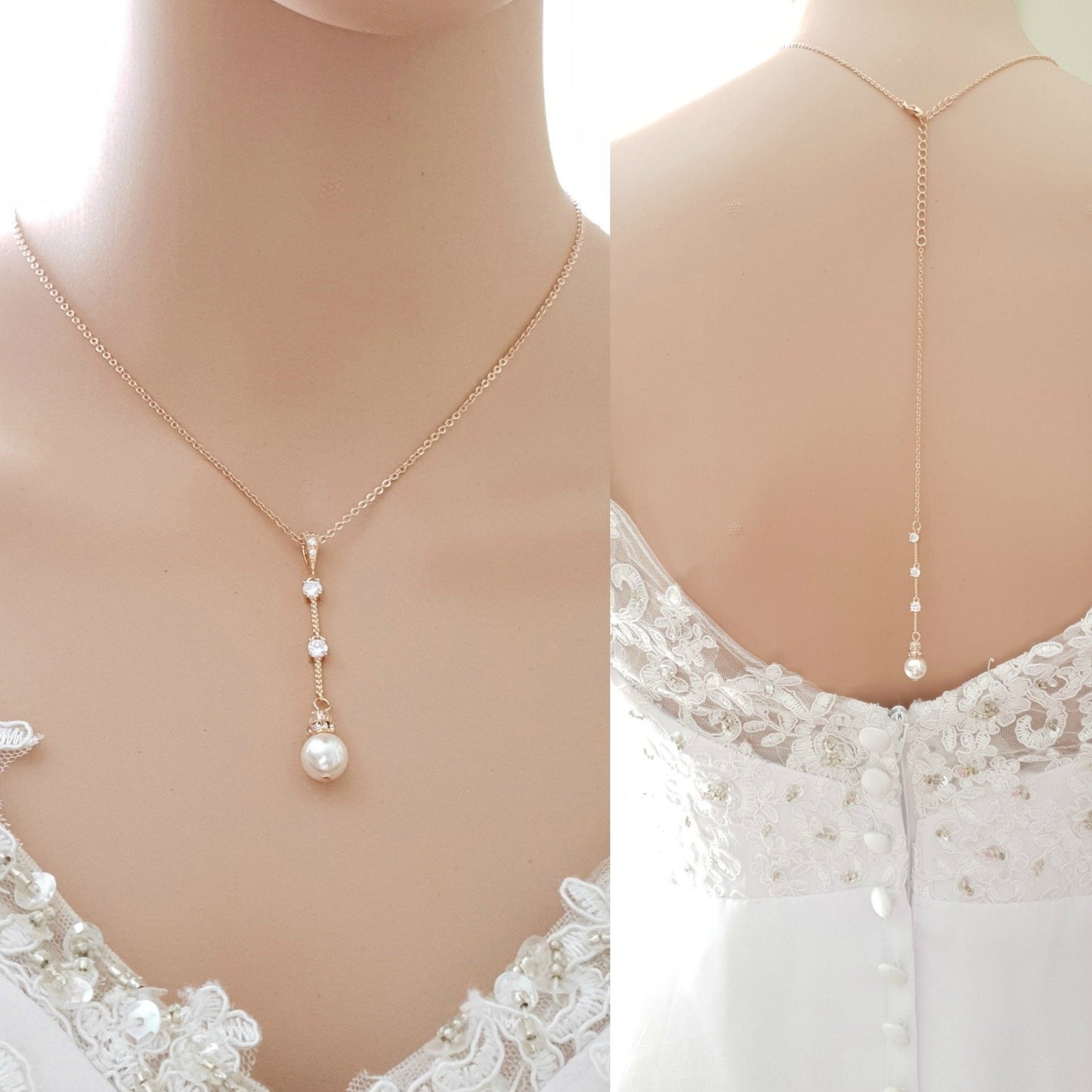 Simple Drop Back Bridal Necklace Silver- Ginger - PoetryDesigns