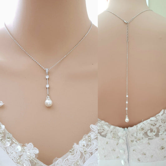 Simple Drop Back Bridal Necklace Silver- Ginger - PoetryDesigns