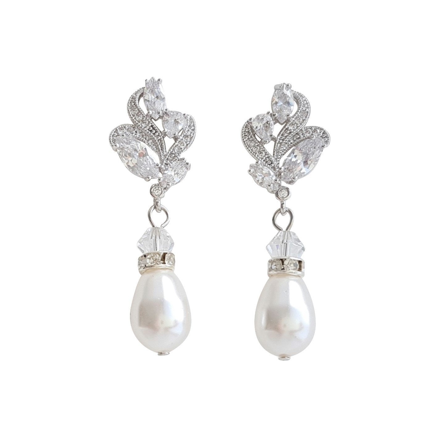 Silver Bridal Earrings With Pearl Drops-Wavy - PoetryDesigns