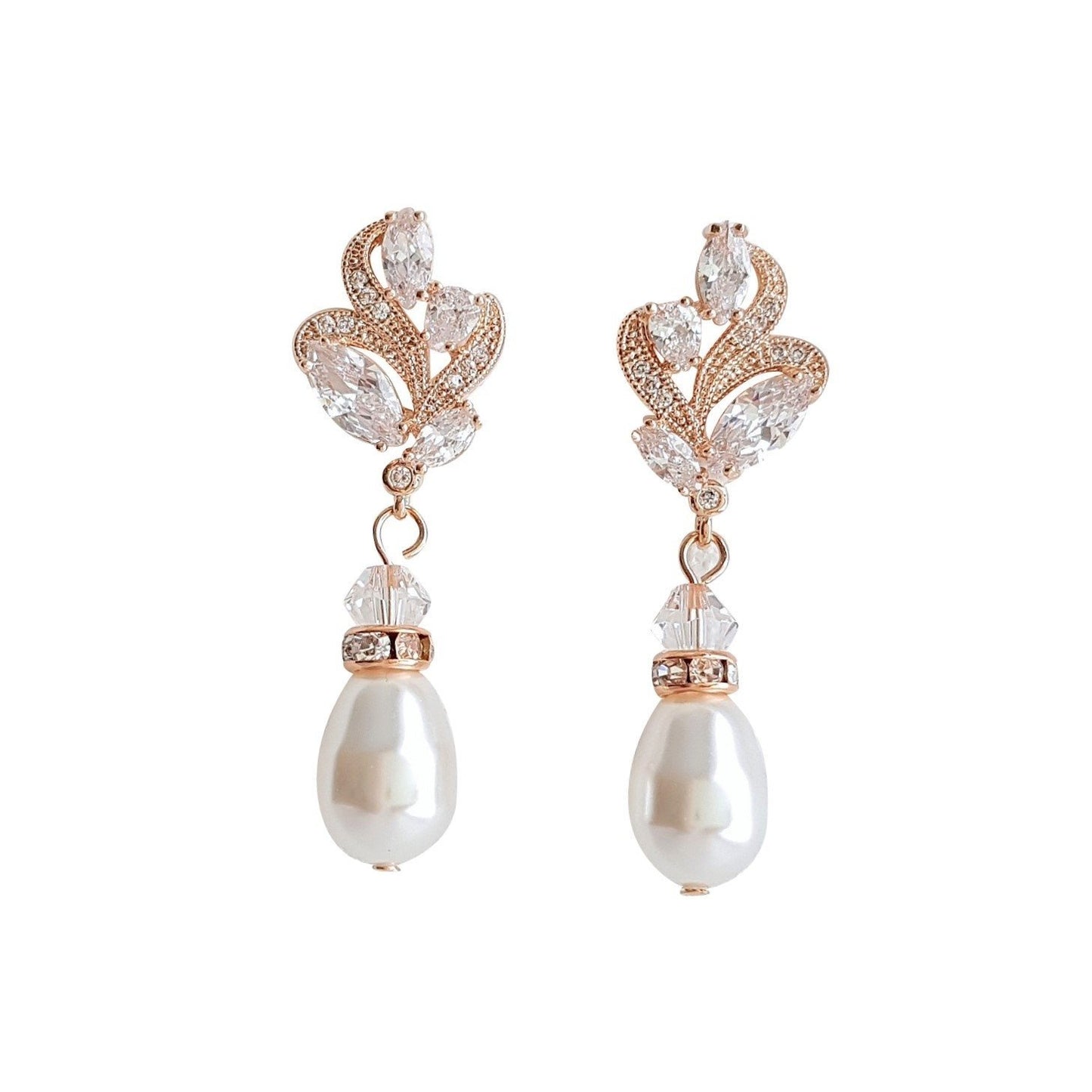 Rose Gold Bridal Earrings With Pearl Drops-Wavy - PoetryDesigns