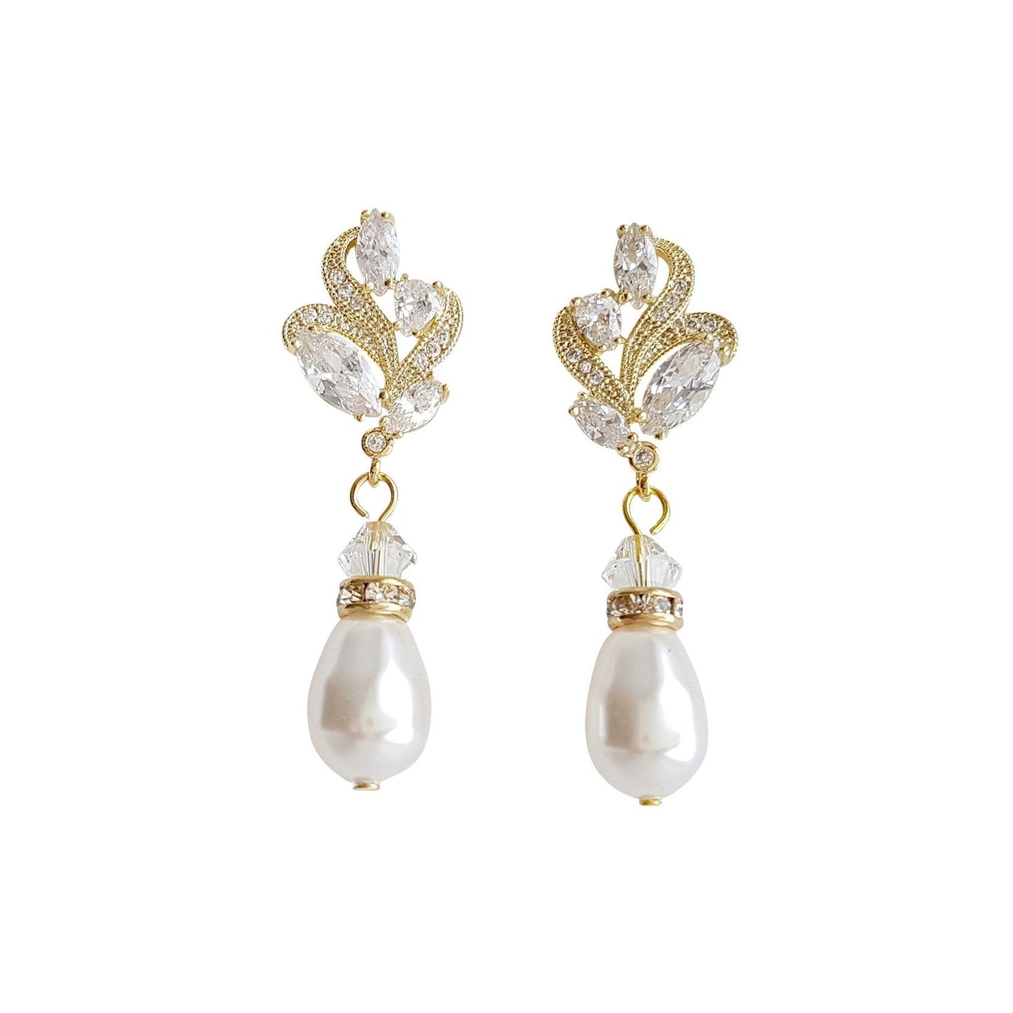 Gold Bridal Earrings With Pearl Drops-Wavy - PoetryDesigns